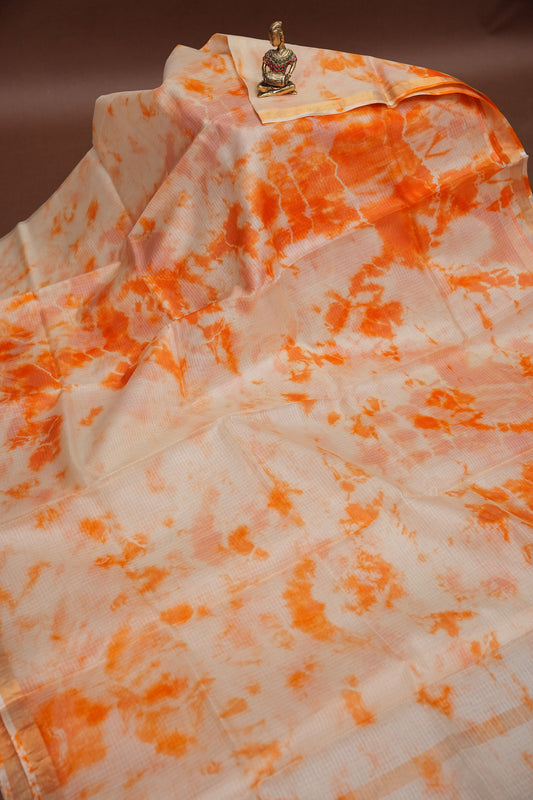 Silk Kota Shibori Tie & Dye Saree - Orange and White
