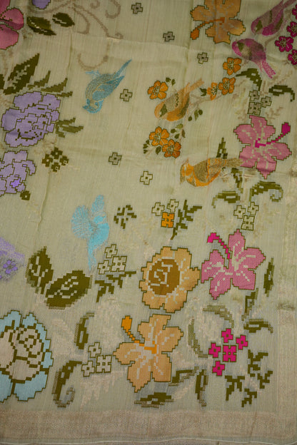 Soft Matka Banarasi Saree with Needle Design Work – Half White