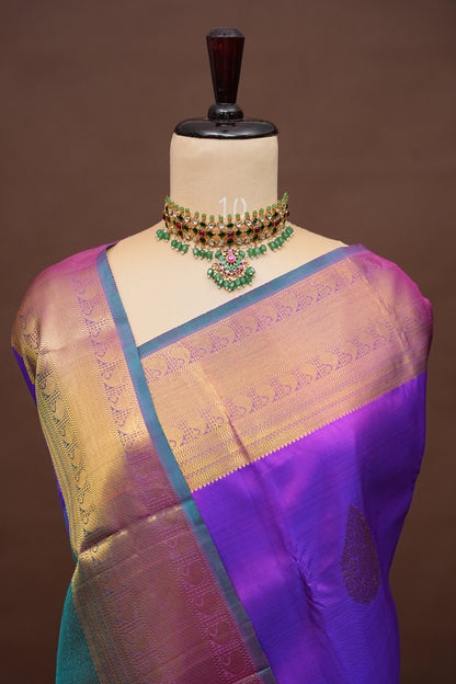 Purple and Teal Pure Kanchipuram Silk Saree|Silk Mark Certified