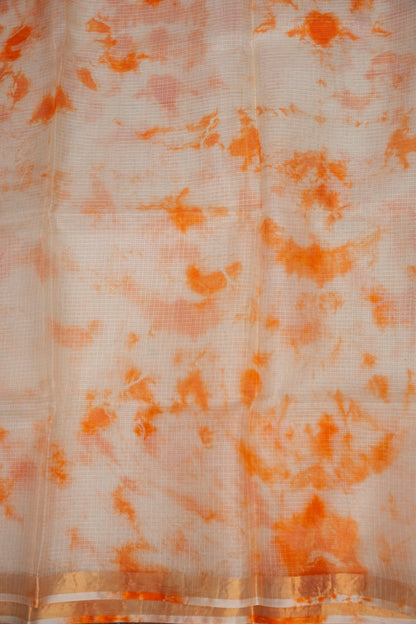 Silk Kota Shibori Tie & Dye Saree - Orange and White