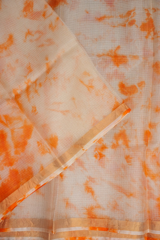 Silk Kota Shibori Tie & Dye Saree - Orange and White
