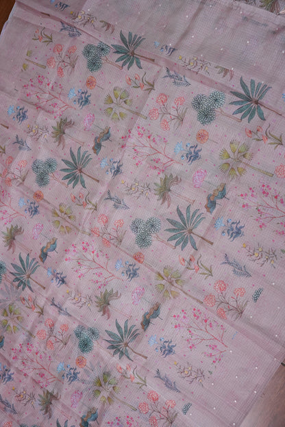 Kota Checks Saree with Botanical Digital Print – Blush Pink