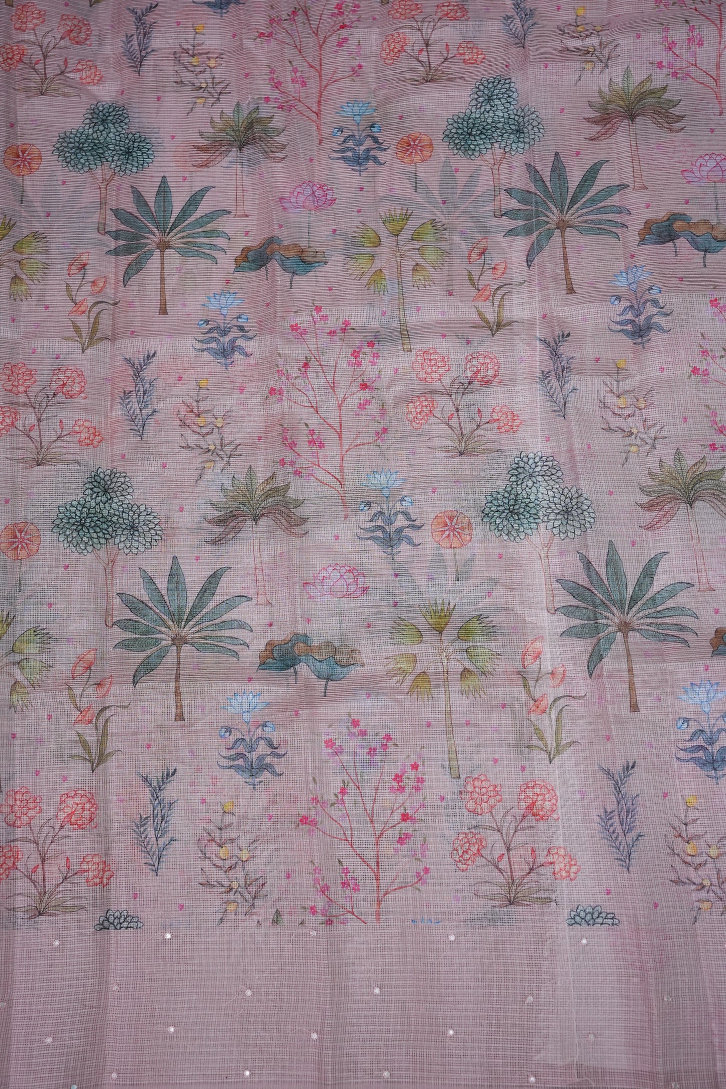 Kota Checks Saree with Botanical Digital Print – Blush Pink