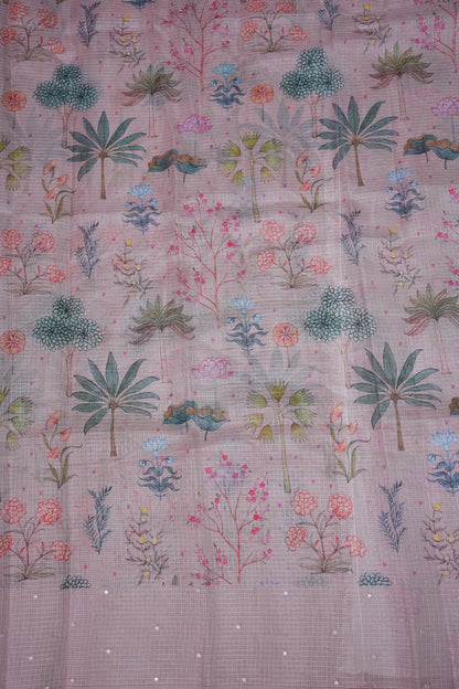 Kota Checks Saree with Botanical Digital Print – Blush Pink
