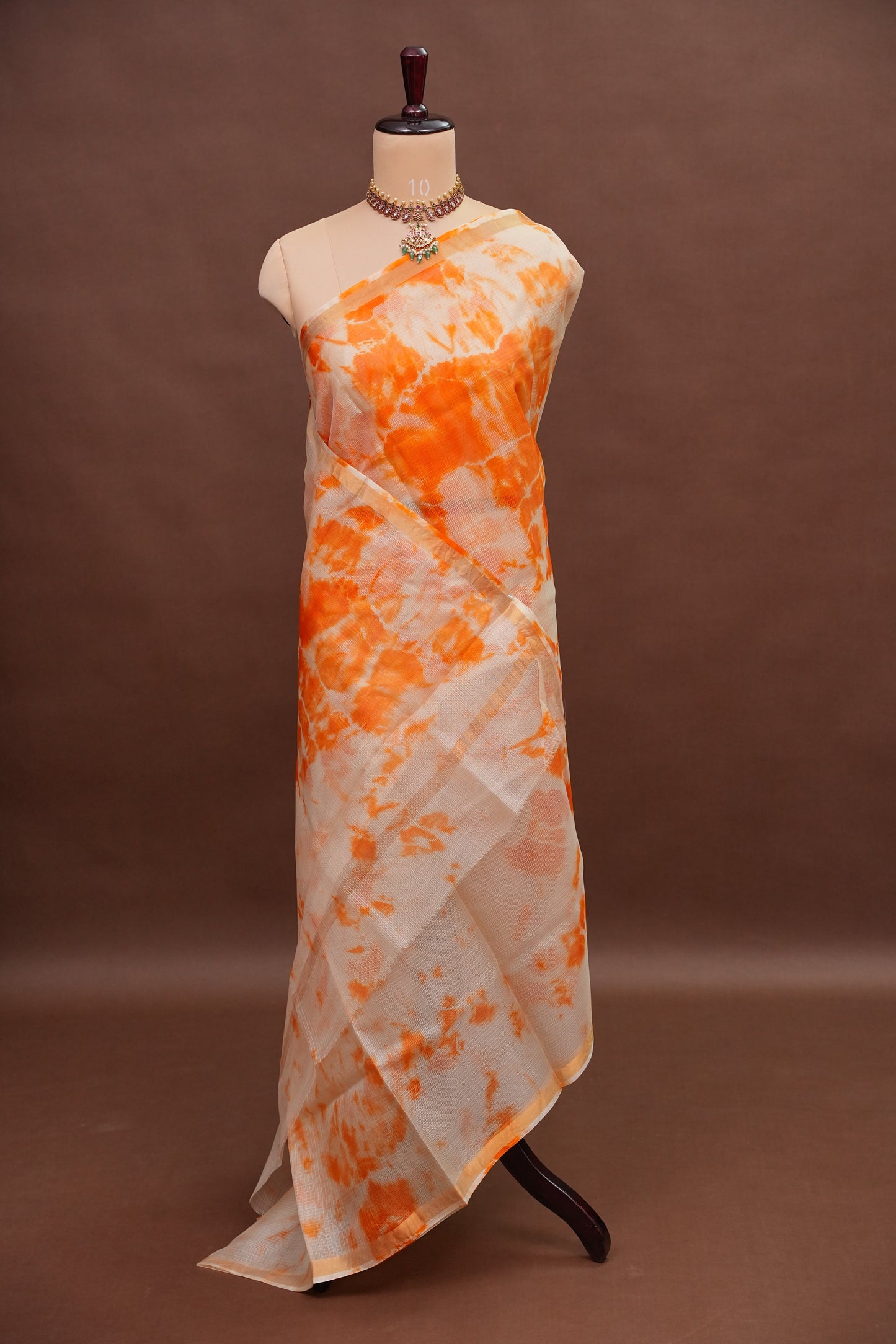 Silk Kota Shibori Tie & Dye Saree - Orange and White