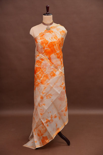 Silk Kota Shibori Tie & Dye Saree - Orange and White