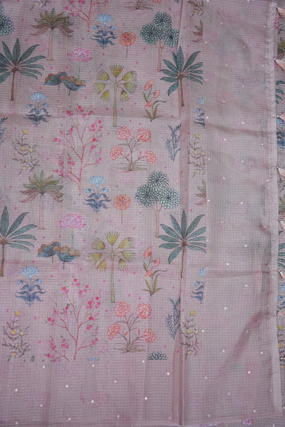 Kota Checks Saree with Botanical Digital Print – Blush Pink