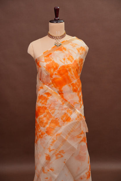 Silk Kota Shibori Tie & Dye Saree - Orange and White