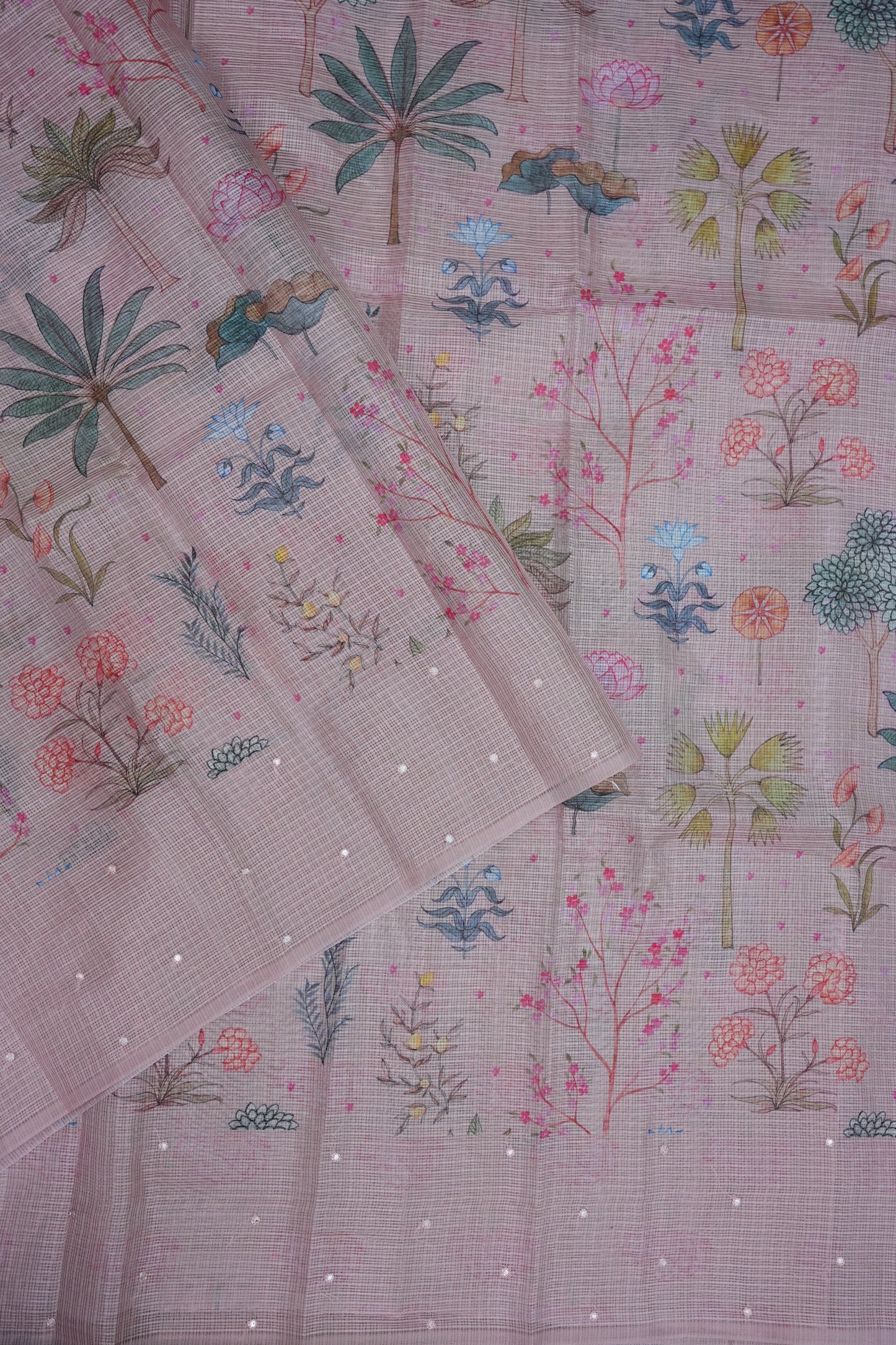 Kota Checks Saree with Botanical Digital Print – Blush Pink