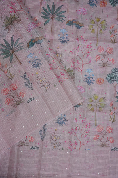 Kota Checks Saree with Botanical Digital Print – Blush Pink