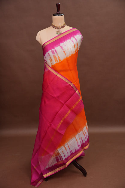 Silk Kota Shibori Tie & Dye Saree - Orange and Pink
