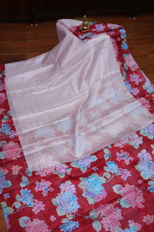 Kota Checks Saree with Hydrangea Floral Print – Lavender & Red