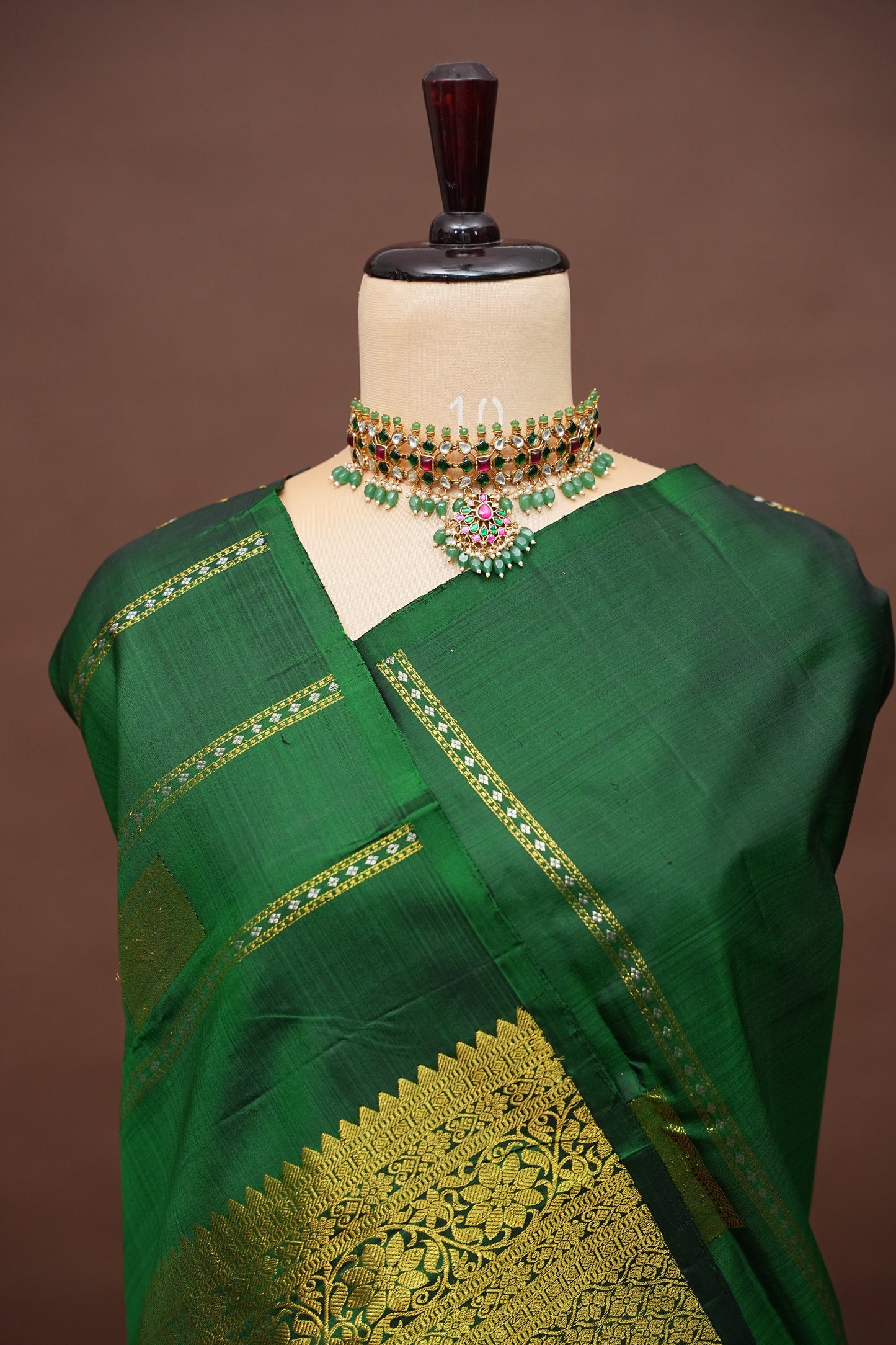Borderless Bottle Green Pure Kanchipuram Silk Saree|Silk Mark Certified