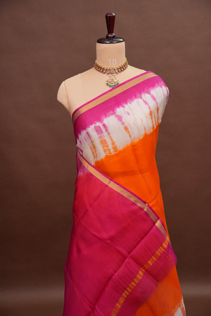 Silk Kota Shibori Tie & Dye Saree - Orange and Pink