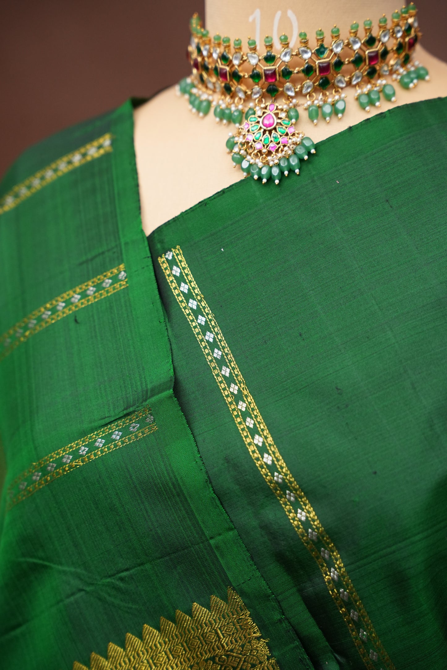 Borderless Bottle Green Pure Kanchipuram Silk Saree|Silk Mark Certified