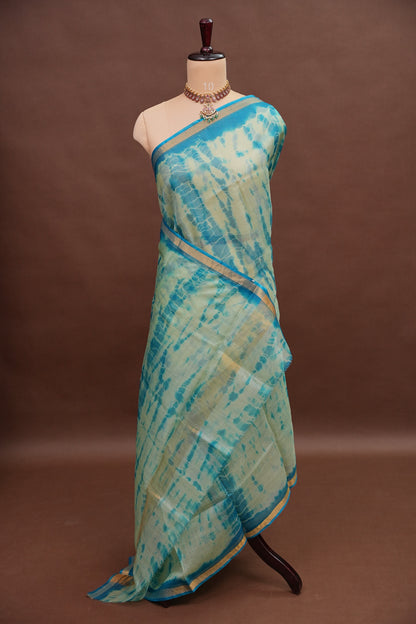 Silk Kota Shibori Tie & Dye Saree - Sage Green & Blue