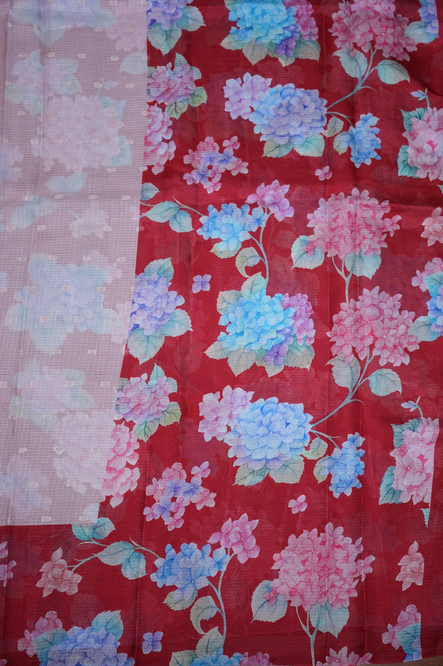 Kota Checks Saree with Hydrangea Floral Print – Lavender & Red