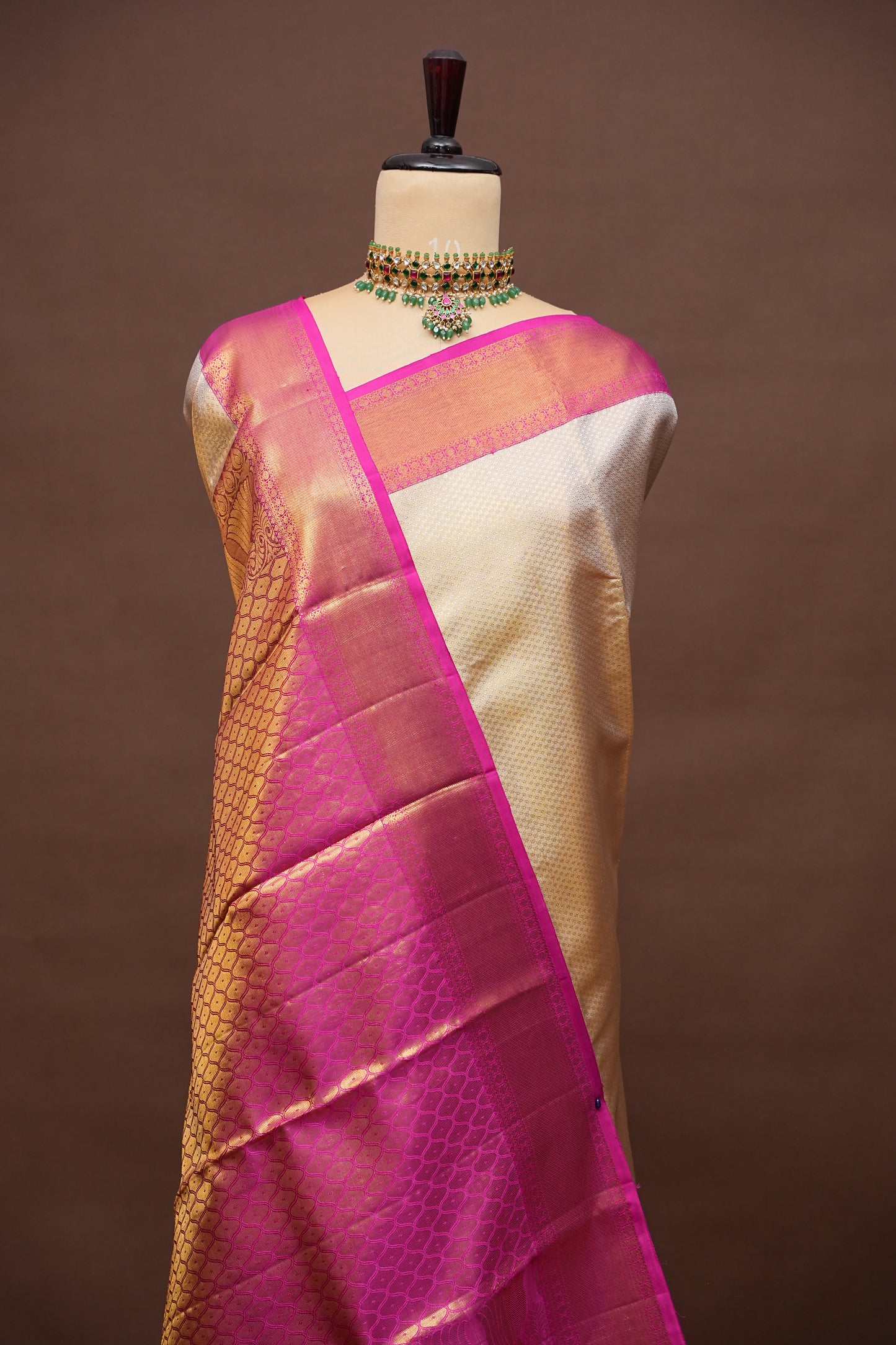 Ivory & Pink Pure Tissue Kanchipuram Silk Saree|Silk Mark Certified
