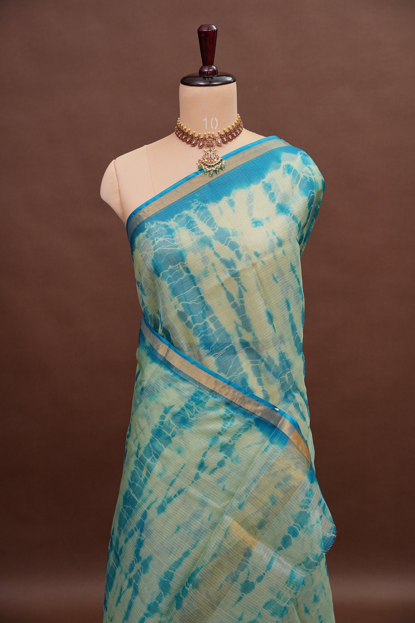 Silk Kota Shibori Tie & Dye Saree - Sage Green & Blue
