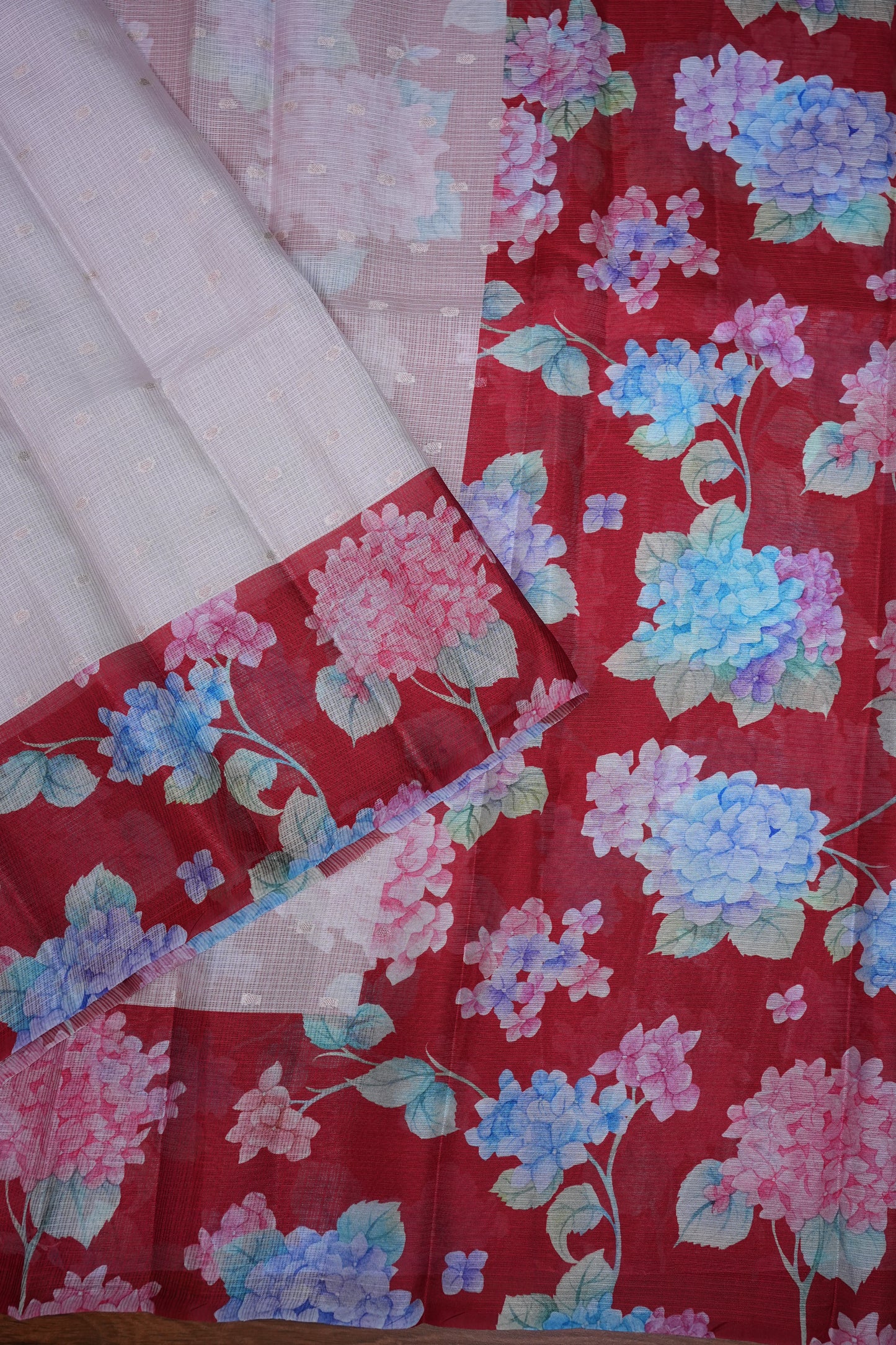 Kota Checks Saree with Hydrangea Floral Print – Lavender & Red