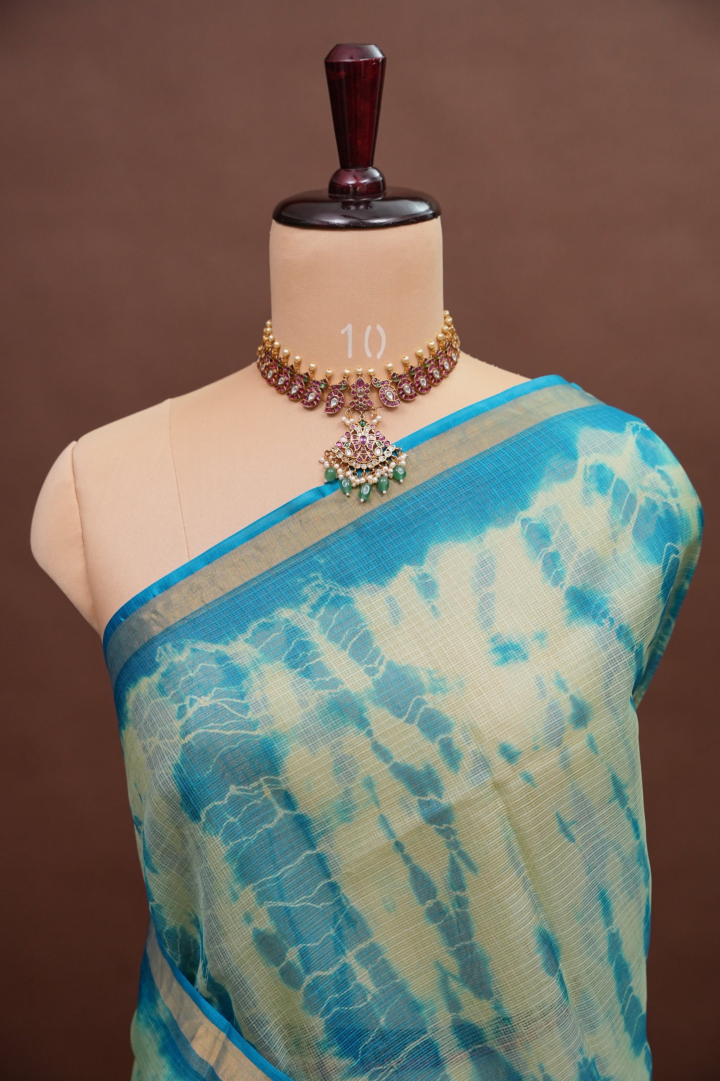 Silk Kota Shibori Tie & Dye Saree - Sage Green & Blue
