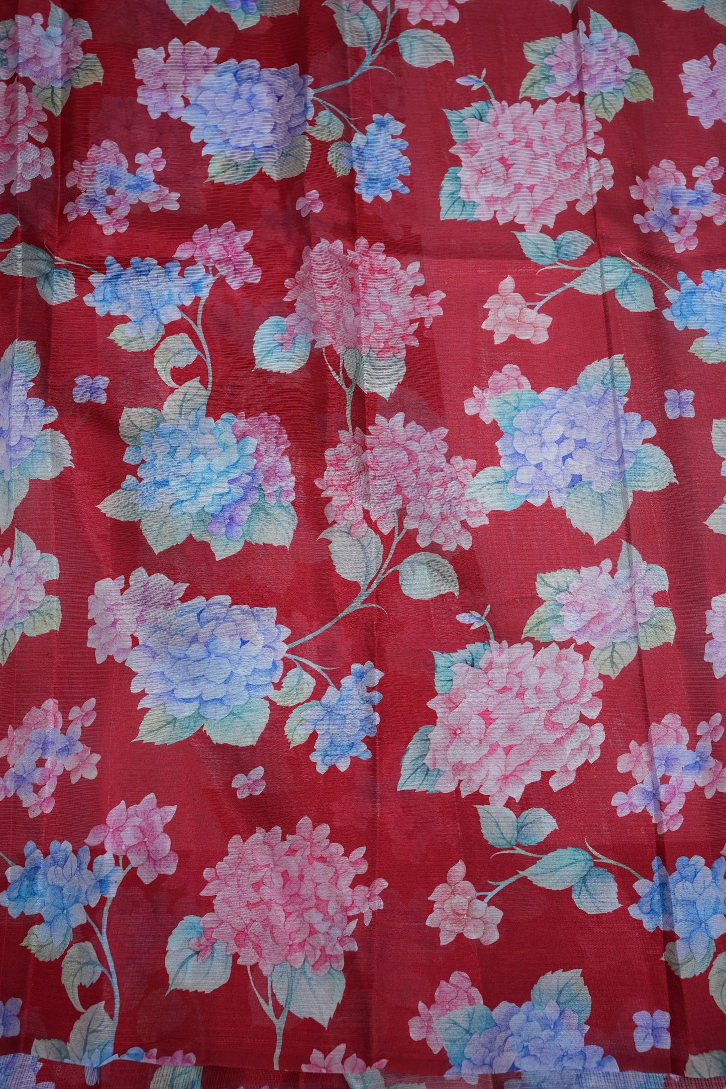 Kota Checks Saree with Hydrangea Floral Print – Lavender & Red