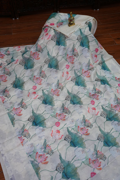 Kota Checks Saree with Lotus Floral Digital Print – Silver Grey