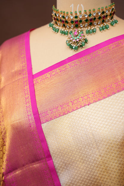 Ivory & Pink Pure Tissue Kanchipuram Silk Saree|Silk Mark Certified