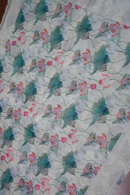 Kota Checks Saree with Lotus Floral Digital Print – Silver Grey