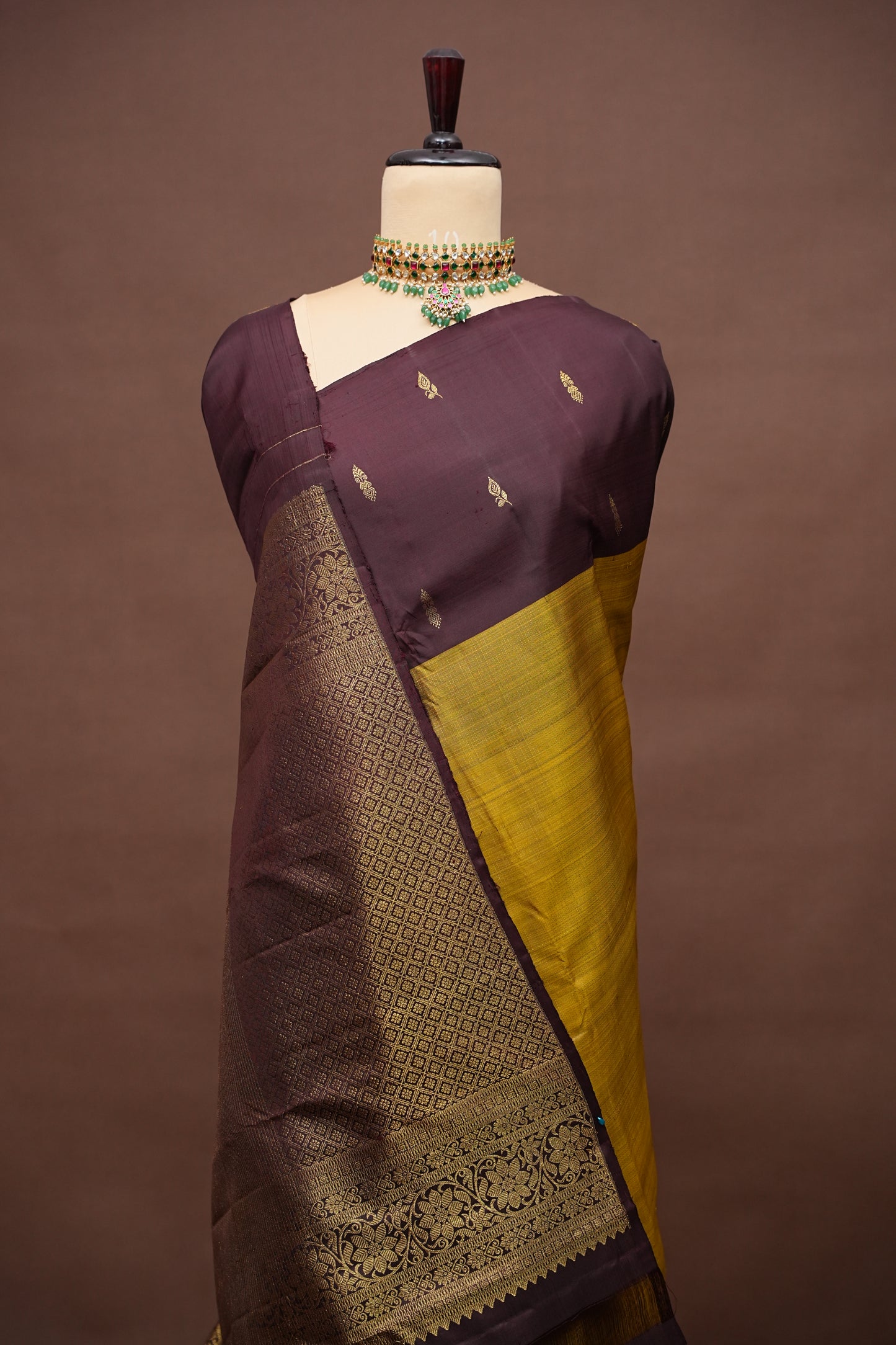 Olive Green & Coffee Pure Kanchipuram Silk Saree|Silk Mark Certified