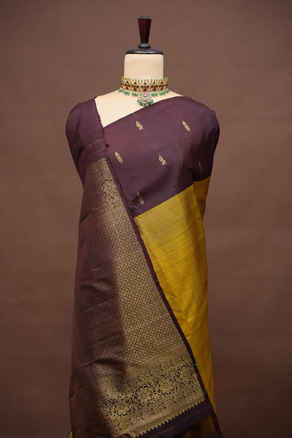 Olive Green & Coffee Pure Kanchipuram Silk Saree|Silk Mark Certified