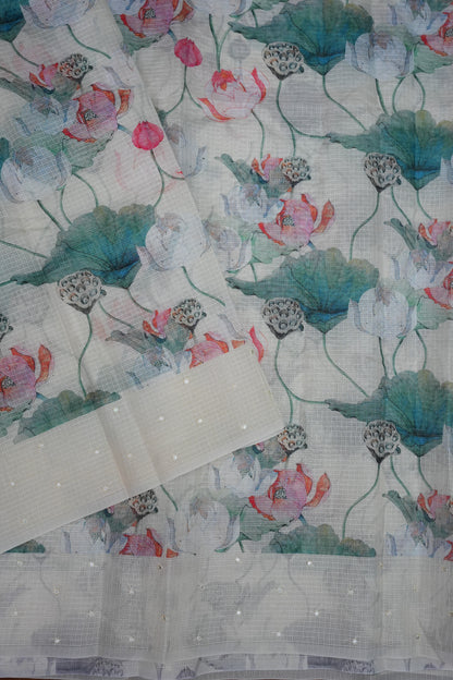 Kota Checks Saree with Lotus Floral Digital Print – Silver Grey