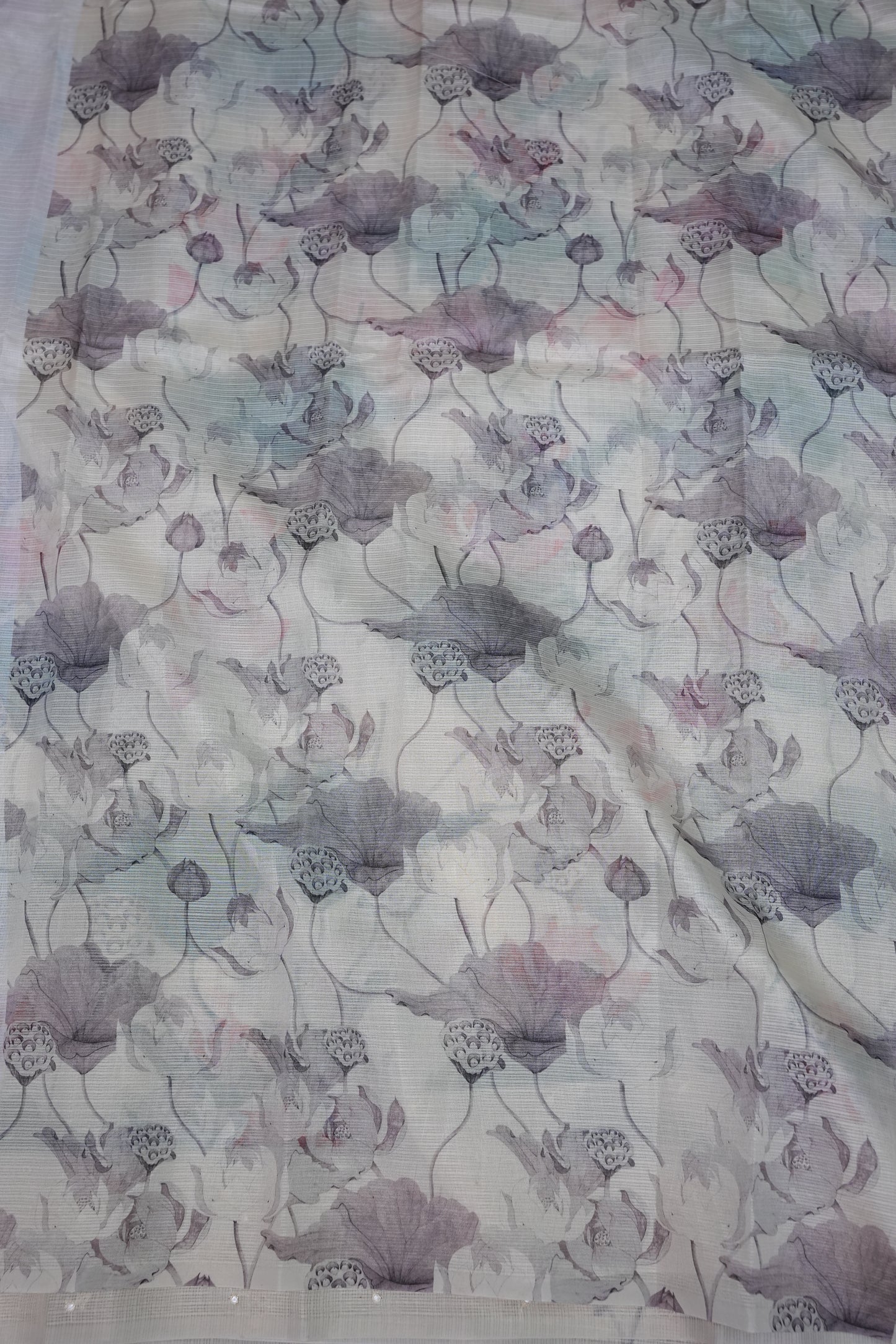 Kota Checks Saree with Lotus Floral Digital Print – Silver Grey