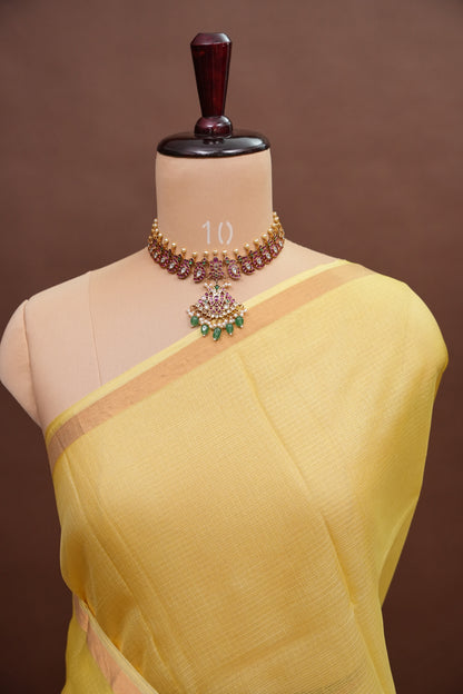 Silk Kota Plain Saree - Lemon Yellow