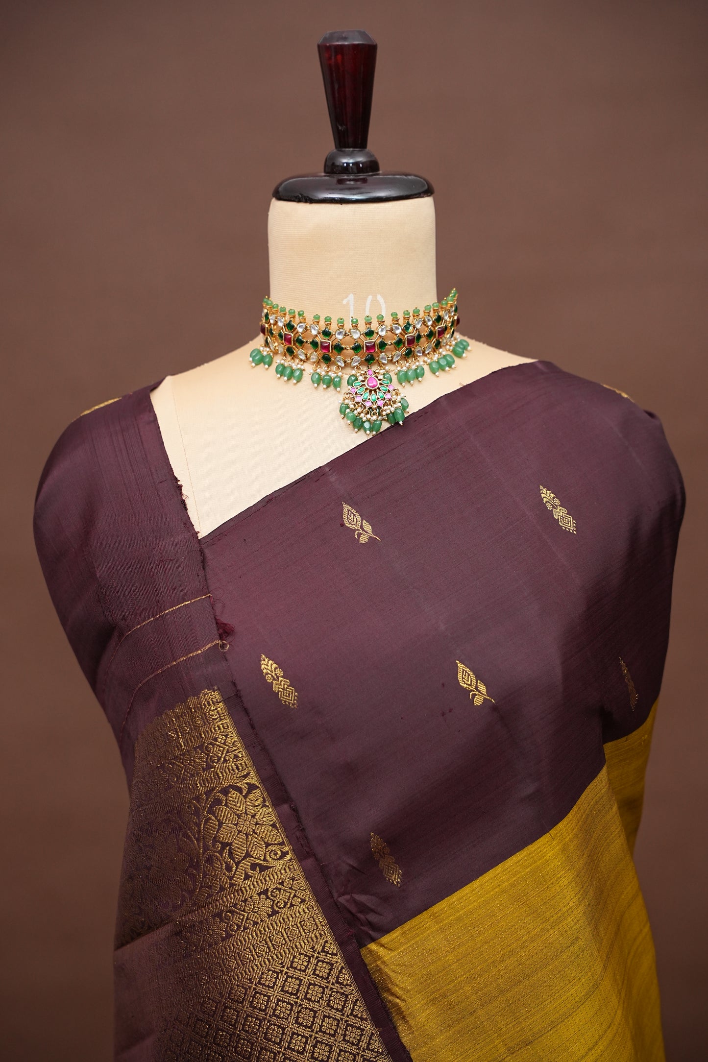 Olive Green & Coffee Pure Kanchipuram Silk Saree|Silk Mark Certified