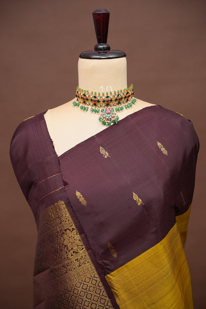 Olive Green & Coffee Pure Kanchipuram Silk Saree|Silk Mark Certified