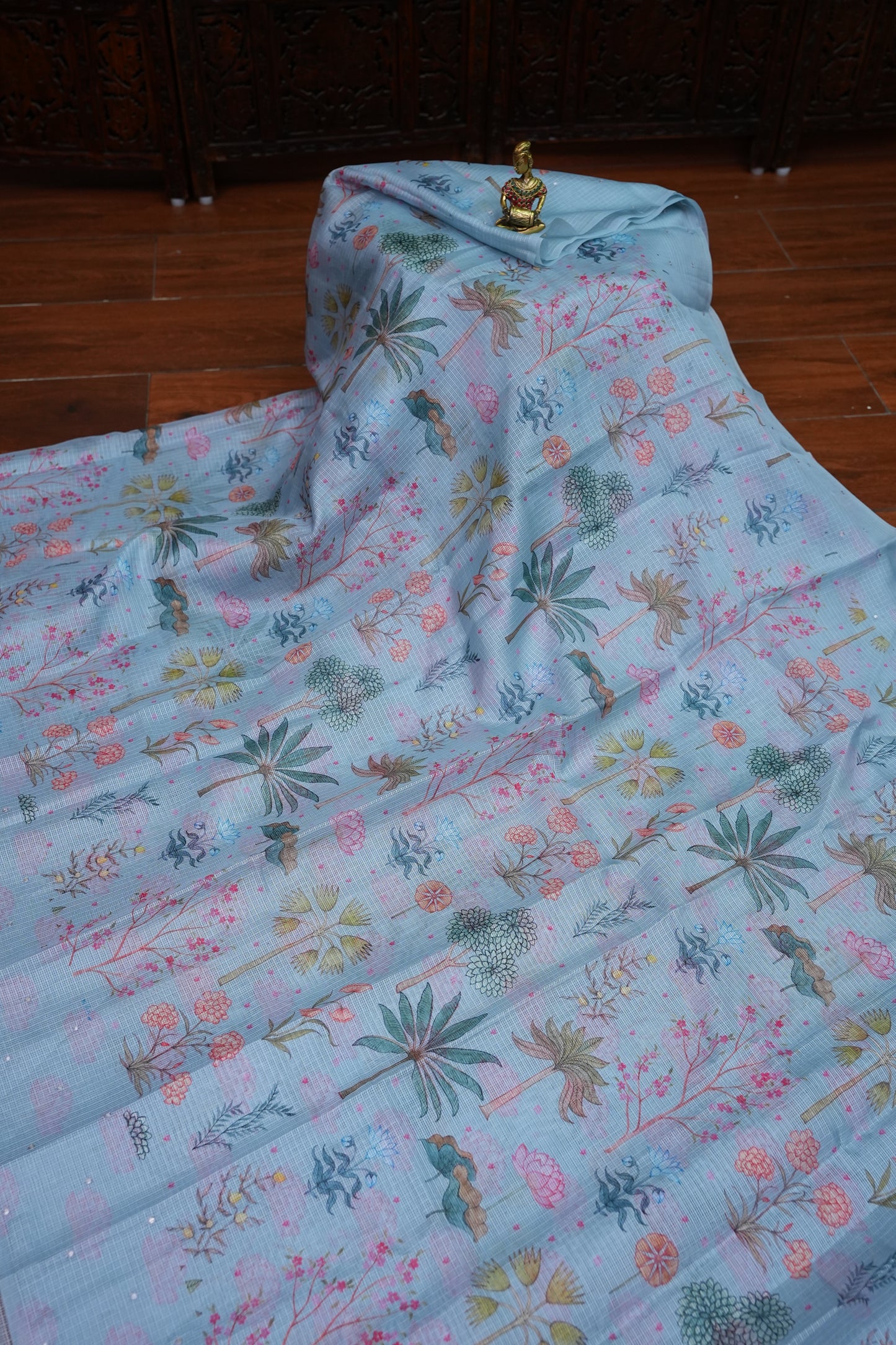 Kota Checks Saree with Botanical Digital Print – Ice Blue
