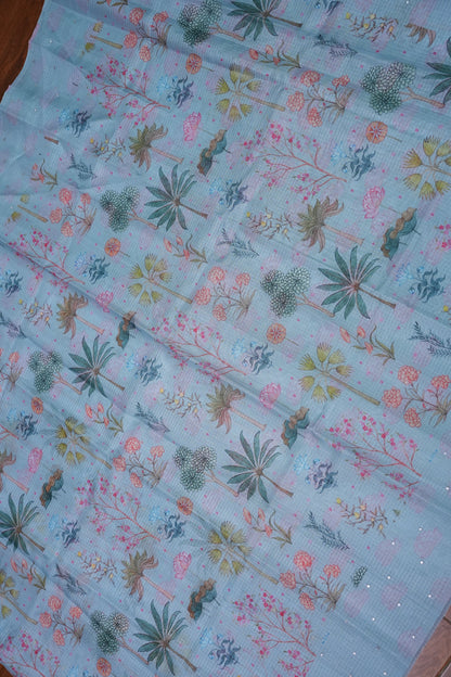 Kota Checks Saree with Botanical Digital Print – Ice Blue