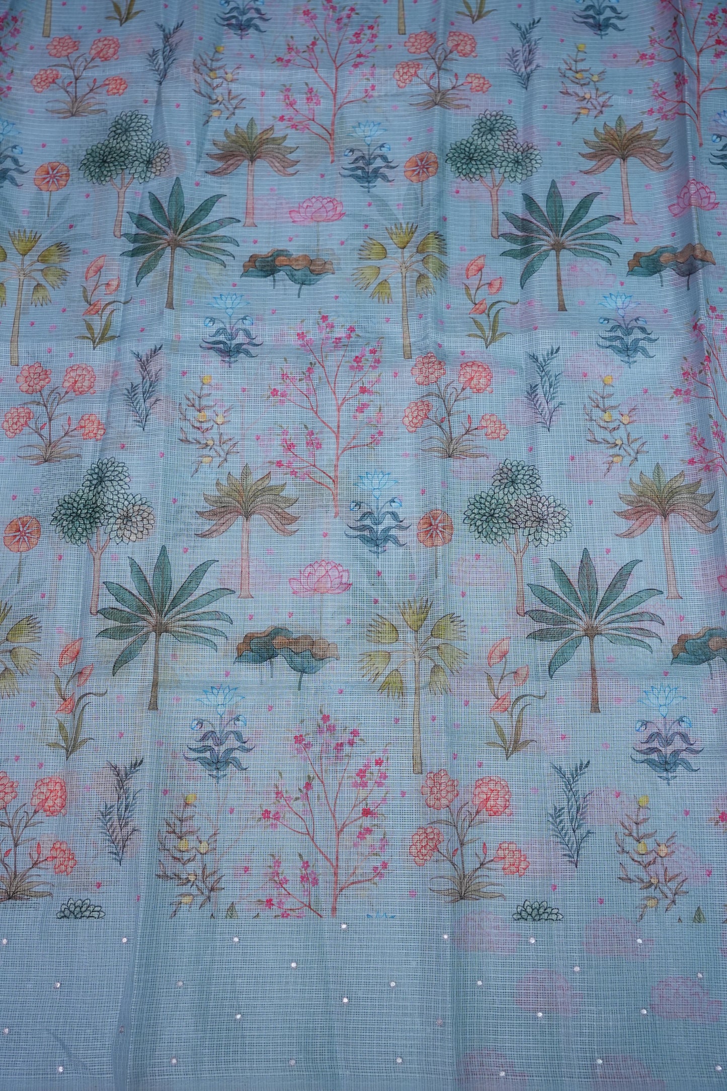 Kota Checks Saree with Botanical Digital Print – Ice Blue
