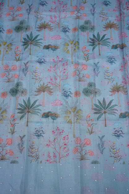 Kota Checks Saree with Botanical Digital Print – Ice Blue