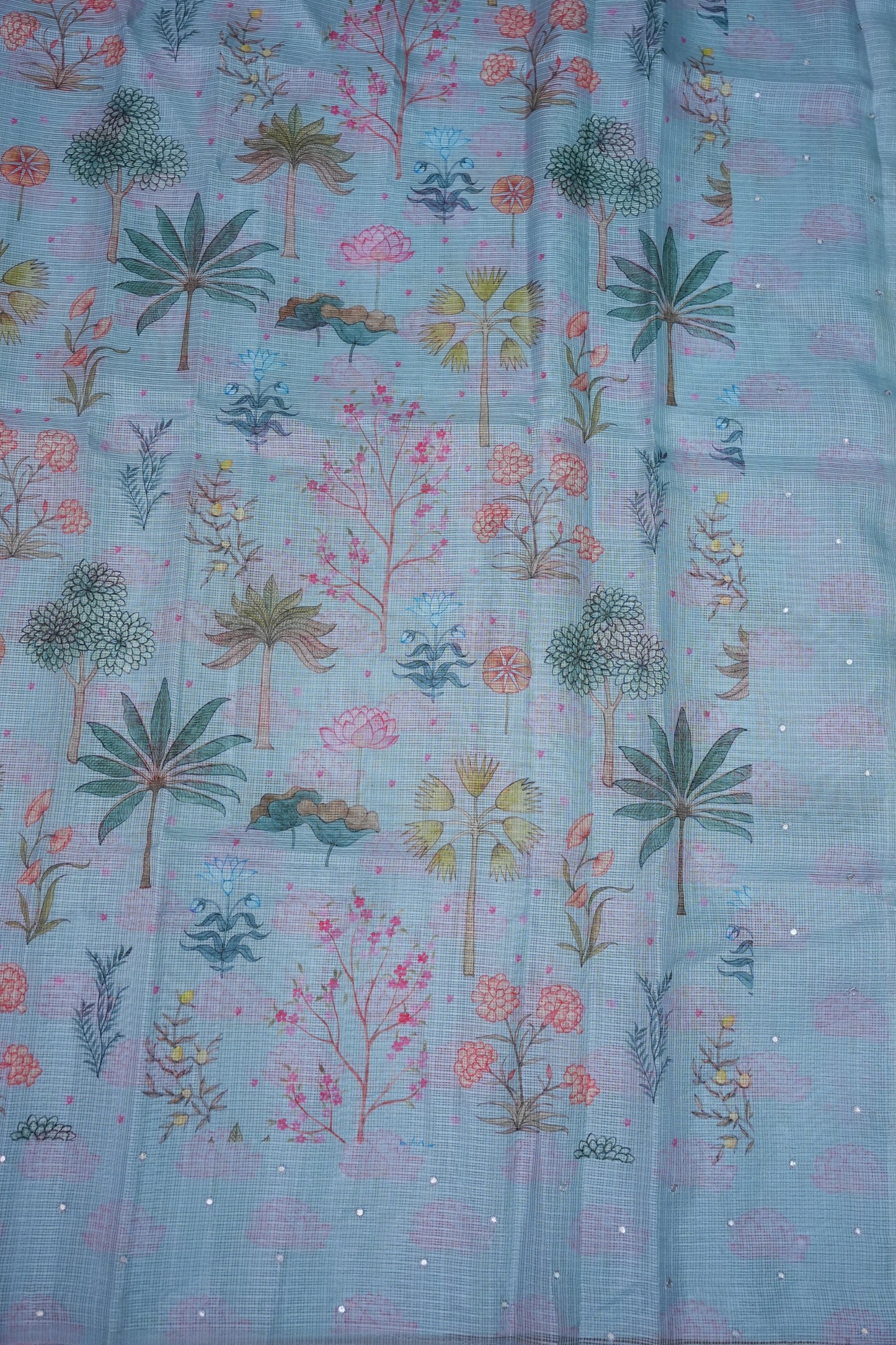 Kota Checks Saree with Botanical Digital Print – Ice Blue