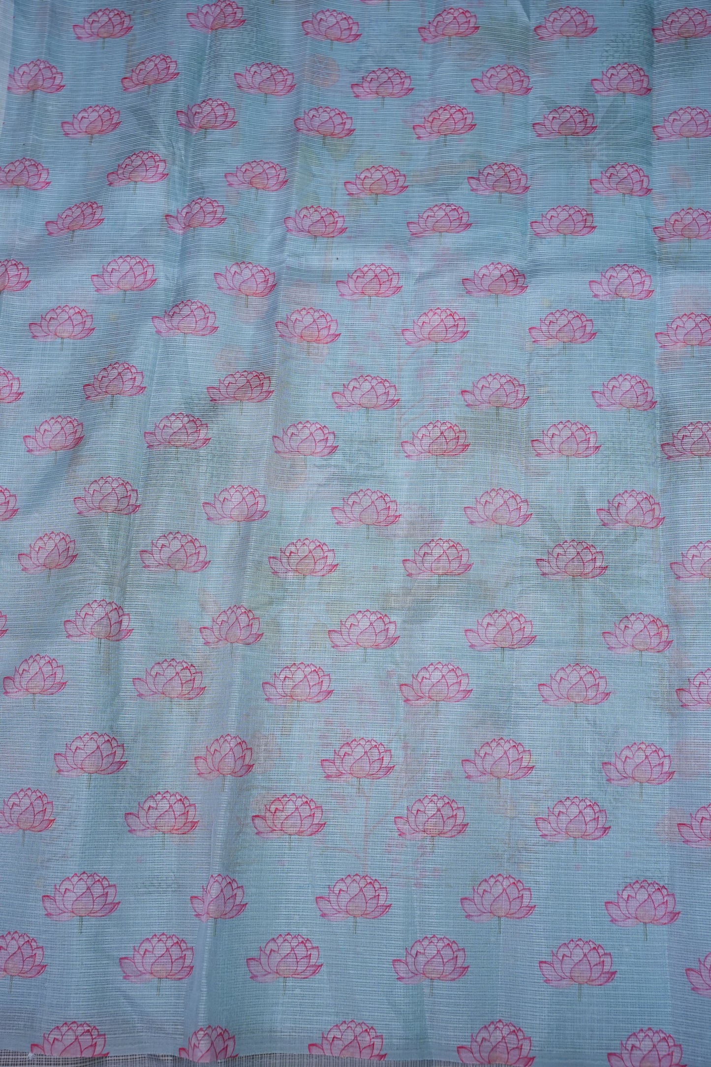 Kota Checks Saree with Botanical Digital Print – Ice Blue