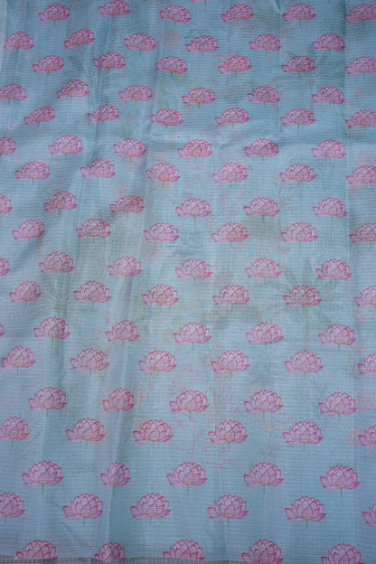 Kota Checks Saree with Botanical Digital Print – Ice Blue