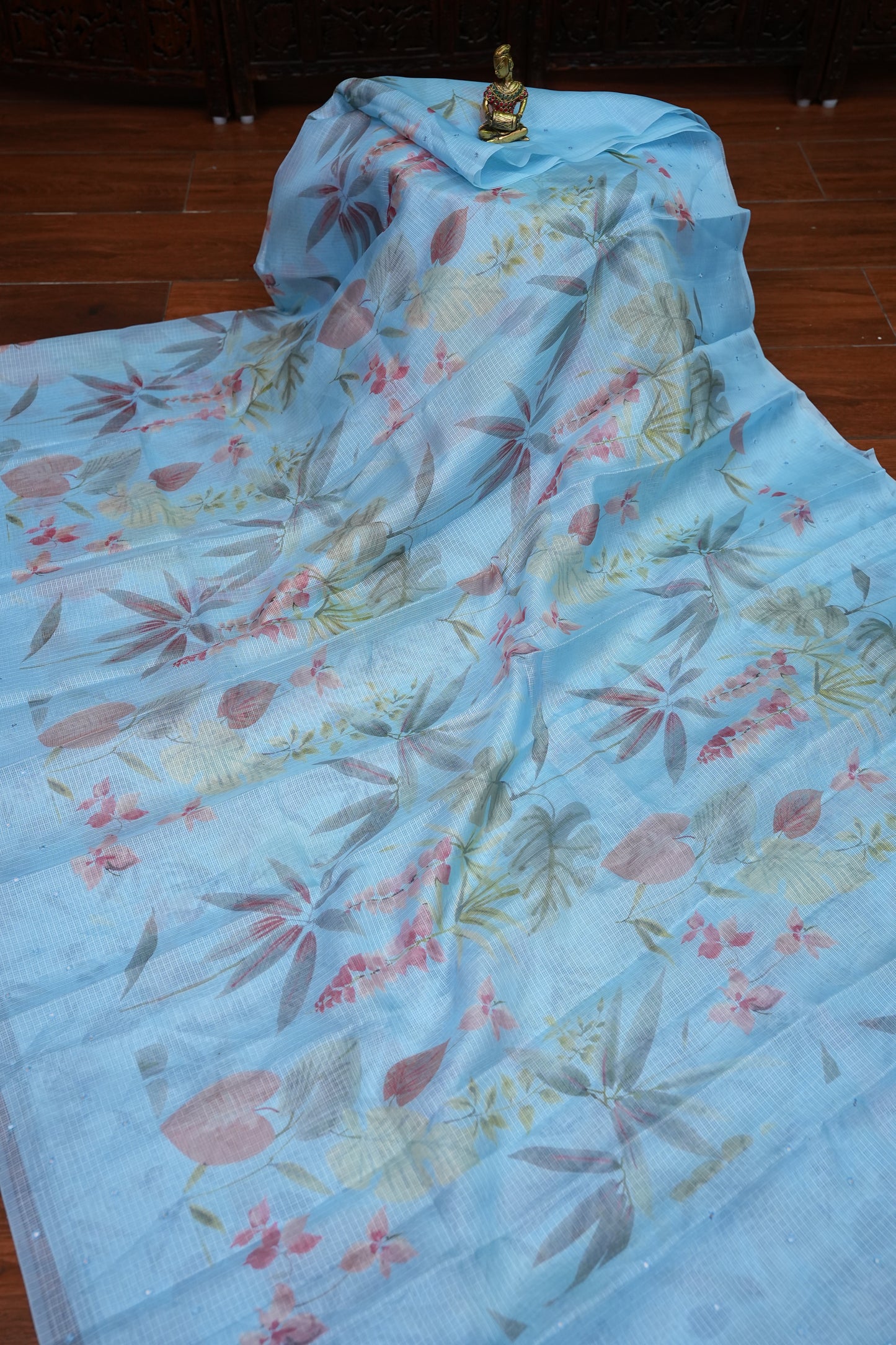 Kota Checks Saree with Floral Digital Print – Ice Blue