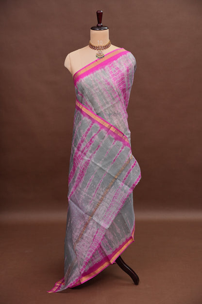 Silk Kota Shibori Tie & Dye Saree - Grey and Pink