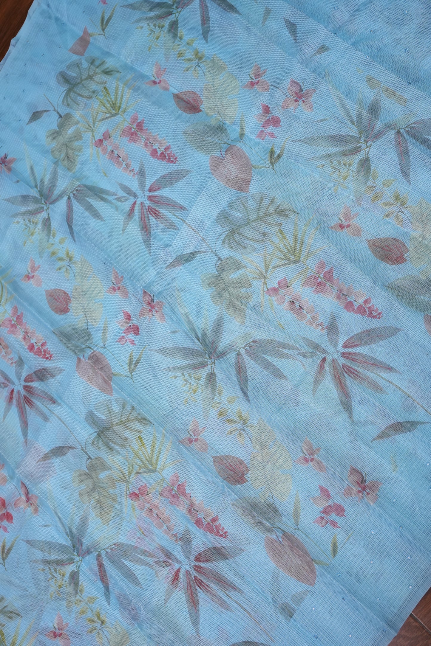 Kota Checks Saree with Floral Digital Print – Ice Blue