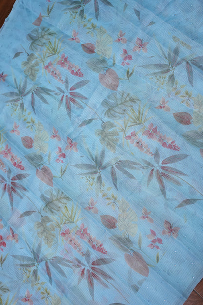 Kota Checks Saree with Floral Digital Print – Ice Blue