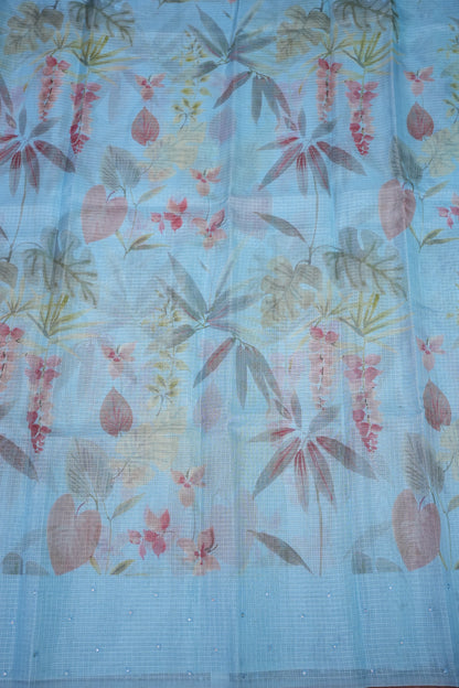 Kota Checks Saree with Floral Digital Print – Ice Blue