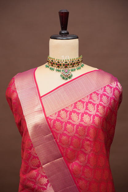 Hot Pink & Soft Gold Zari Pure Kanchipuram Brocade Silk Saree|Silk Mark Certified
