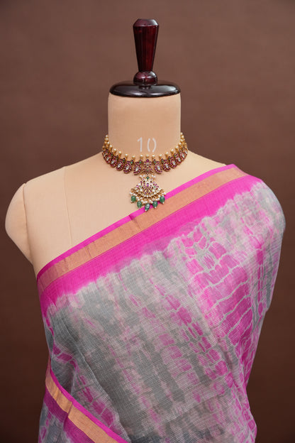 Silk Kota Shibori Tie & Dye Saree - Grey and Pink
